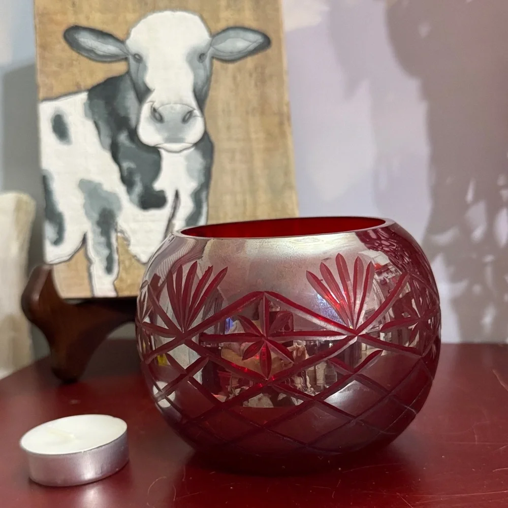 Vintage Ruby Red Cut Glass Votive Candle Holder or Bowl(MCM)